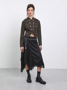 COUREZ Low Rise Asymmetric Satin Midi Skirt With Lace Hem/Y2K Classy Elegant Sexy Autumn Outfits For Women Going Out Brunch Birthday Party Night Rave Black - Black - View 2