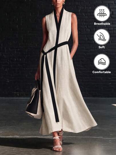 SHEIN Holidaya Women's Black And Beige Summer Chic Tea Party Dress,Elegant Loose Contrast Color Elegant Outfit,Graceful Ladies Fashionable Casual Commuter Attire