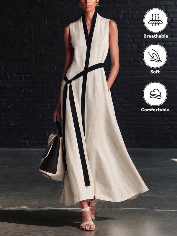 SHEIN Holidaya Women's Black And Beige Summer Chic Tea Party Dress,Elegant Loose Contrast Color Elegant Outfit,Graceful Ladies Fashionable Casual Commuter Attire
