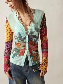 Bohemela Blusa casual de punto de malla con estampado floral y abotonadura sencilla para mujer - Multicolor - Ver 7