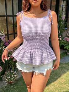 SHEIN EZwear 大尺碼女款燈籠袖荷葉邊格紋前綁帶上衣 - 淡紫色 - 查看 4