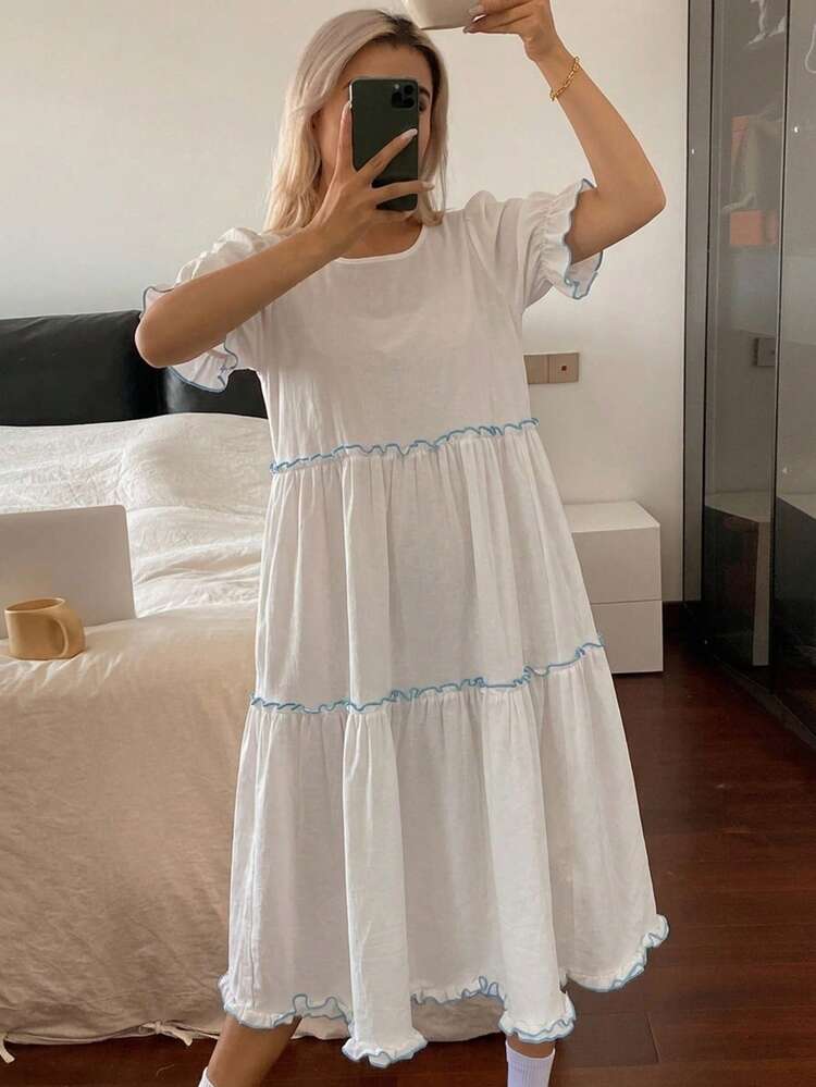 Women's Round Neck Short Sleeve Frill Trim Casual Loose Nightgown