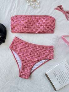 Swim Mod 2pcs/Set Women's Springbreak Beachwear Summer Outfits, Random Print Bandeau Top And High Waist Swim Shorts Beach Vacation Bikini Set - Pink - View 2