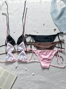 Swim Mod Women's Summer Beach Solid Color Halter Neck Tie Sexy Bikini And Triangle Bottoms 3-Piece Set - Multicolor - View 2