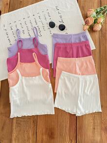 SHEIN LMoss Kids 8 件套女婴休闲纯色针织吊带背心和短裤 - 彩色 - 查看 6