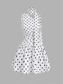 SHEIN MOD 女款圓點印花荷葉邊無袖甜美法式風格洋裝 - 黑與白 - 查看 2