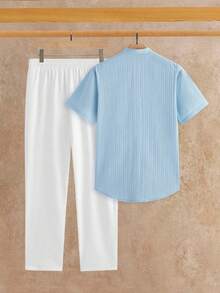 HIMLAND 2pcs/Set Men's Casual Woven Stand Collar Small V-Neck Short Sleeve Shirt Set - Baby Blue - View 3