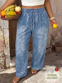 SHEIN Frenchy Plus Size Women's Casual Fashion Textured Pattern Blue Solid Color Pants, Holiday Leisure Style, Summer Trousers - Blue - View 7