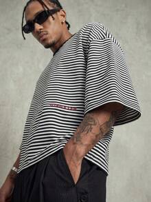 PAVTROS Men's Casual Loose Fit Striped Drop Shoulder T-Shirt, Summer,Men's Oversized Striped T-Shirt, Black White Crew Neck Tee, Loose Fit Streetwear, Half Sleeve Streetwear Shirts Oversize T Shirt For Men Mens Streetwear Loose Fit Shirt Mens Fashion Mens T Shirt - Black - View 5
