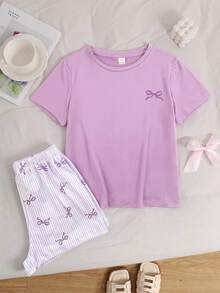 SHEIN 青少年女孩 夏季新款 紫色 休閒 寬鬆 蝴蝶結印花 居家服 - 紫色 - 查看 7