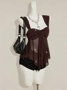 SHEIN ICON Shiny Fabric Asymmetrical Mesh Hem Women Tank Top - Coffee Brown - View 5