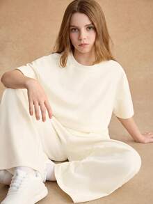 SHEIN Teen Girls 2pcs/Set Short Sleeve Round Neck T-Shirt Set, Loose Wide Sleeve T-Shirt + Loose Long Pants Set, Holiday Outfits - Apricot - View 4