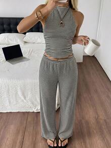 SHEIN EZwear 女款夏季黑色針織條紋掛脖上衣與長褲套裝 - 黑色 - 查看 7