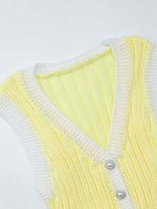 SHEIN Holidaya Women's Casual Basic Ribbed Single-Breasted Knit Top, Versatile For Daily Wear Back-To-School Golf White Summer - Light Yellow - View 5
