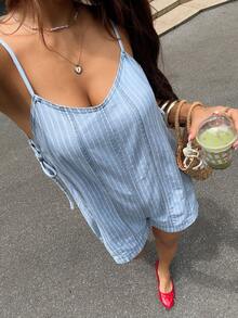Rivivi 女款露背細肩帶條紋牛仔連身褲 - 淺色水洗藍 - 查看 3