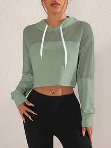 Sovereign Charm Women's Breathable Patchwork Mesh Drawstring Hooded Sports Sweatshirt - Green - View 4