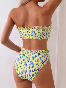 Swim Mod مجموعة قطعتين مطبوعة بخطوط لعطلة الربيع/الصيف على الشاطئ، بياقة مجعدة، وبنطال بحافة مكرمشة - متعدد الألوان - مشاهدة 2