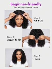 ALL READY WIG Kinky Curly 無膠 Bob 假髮，可調節彈性抽繩人髮蕾絲假髮，女用全套假髮，預漂白、預拔髮、預剪蕾絲，4x4 蕾絲封口無膠假髮，含前髮，100% 人髮 - Natural Black - 查看 9