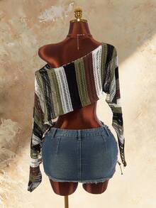 Amplova Crochet Striped Hollow Out Vintage Women's Cover-Up Shawl - Brown - View 8