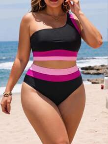 Swim Lushoire 2-teiliges Badeanzug-Set Große Größen für Damen, Farbblock-Design, einseitig getragen, modisch, minimalistisch, klassisch, 2026 neuer Stil für Strandurlaub, Pool, Sommer - Verschiedenfarbig - Übersicht 4