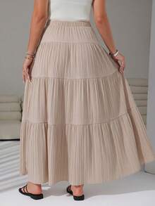 SHEIN EZwear Rok Midi Wanita Ukuran Plus Bergaris Model Ikat untuk Liburan Musim Gugur - Khaki - View 9