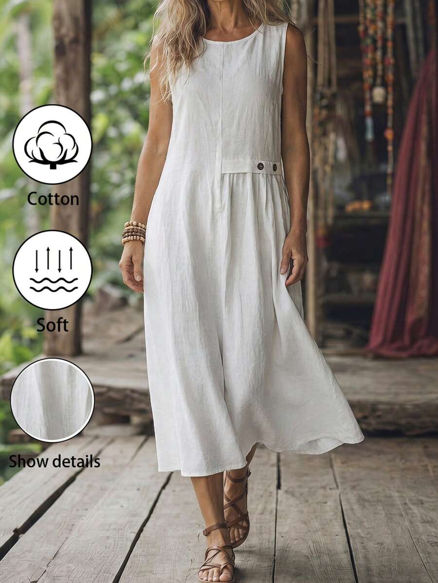 SHEIN Women's Sleeveless Button Decorated Washed Cotton Dress With Pockets - White - View 1
