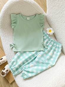 SHEIN Playful Pals Conjunto de 2 piezas/Set para bebé niña pequeña con camiseta de cuello redondo acanalado, manga corta y manga de mariposa & pantalones largos estampados, ropa para bebé niña, conjunto para bebé, top para bebé, fiesta, vacaciones, floral, flores, estilo pastoral, adecuado para verano - verde menta - Ver 5