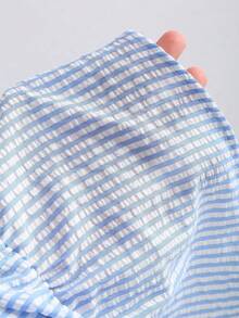 Tall Conjunto de top sin mangas con cuello en V y cintura anudada, y pantalones de pierna ancha, conjunto informal de gasa a rayas tipo burbuja para mujeres altas, primavera/verano - Azul - Ver 4