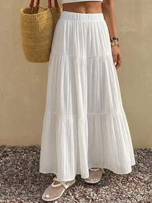 DAZY Women's Solid Color Elastic Waist Multi-Layered Ruffled Hem Elegant White Skirt For Vacation Summer - White - View 9