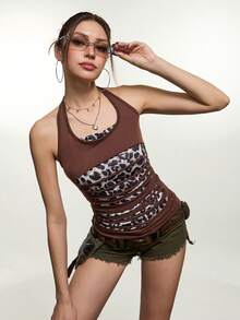 INAWLY Blusa casual de mujer con estampado de leopardo y parches, con cuello halter y lazos, adecuada para citas y fiestas - Multicolor - Ver 5
