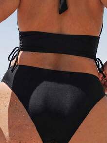 SHEIN BAE Conjunto de Bikini Talla Grande para Vacaciones de Verano en la Playa con Cuello Halter y Cordón Lateral - Negro - Ver 4