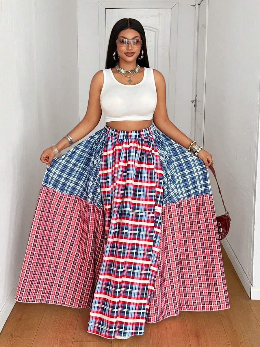 Maweii Chân váy dài nữ size lớn phối nhiều màu kẻ caro thiết kế patchwork độc lạ tinh tế, phong cách đơn giản thanh lịch, thời trang đi làm đi chơi dạo phố mặc hàng ngày cho xuân hè thu - Nhiều màu - Xem 1