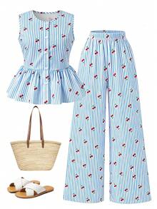 SHEIN Tween Girls Tank Top Shirt With Bow Button & Long Pants 2 Pieces Set - Blue - View 5