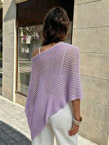 SHEIN Franclia 女款素色鏤空落肩不對稱下擺寬鬆毛衣 - 淡紫色 - 查看 2