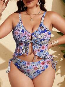 Swim Mod Plus Size Women's Light Blue Bottom Floral Ruffle Bust Tie-Front Pants Side Drawstring Two Pieces Vacation Swimsuit Beach Vacation Summer Boho - Multicolor - View 1
