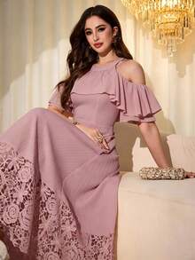 Modelyn فستان ميدي نسائي أصفر أنيق بتصميم كشكشة وأكتاف مكشوفة مع تطريز وتفاصيل مرقعة بأسلوب شبابي حلو - الأرجواني - مشاهدة 2