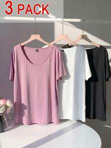 SHEIN EZwear Bộ 3 áo thun cổ chữ V mềm mại, màu trắng + đen + tím nhạt, cỡ lớn, dễ phối đồ cho mùa xuân và hè. - Bụi tím - Xem 6