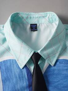 ROMWE MEN Camisa de manga corta holgada con bloques de color y cuadros para hombre con corbata - Multicolor - Ver 2