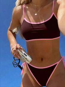 Swim Mod 2025 Women's New 3-Piece Set Spaghetti Strap Wire-Free Solid Color Shoulder Strap Separate Double Bikini Swimsuit - Brown - View 8