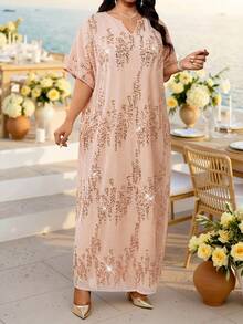 Fleurora Đầm thanh lịch cổ chữ V đính sequin nhiều mảnh, cỡ lớn, thích hợp cho mùa xuân/hè. - Màu Hồng  San hô - Xem 3
