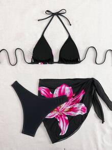 Swim Vcay Conjunto de bikini con estampado floral y falda de cobertura para mujer, vacaciones de verano en la playa, estampado aleatorio, conjunto de 3 piezas - Negro - Ver 2