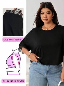 Solflare Kaos Wanita Ukuran Besar Warna Polos Leher Bulat Lengan Pendek Hitam Elegan untuk Kencan Malam Musim Panas - Hitam - View 8