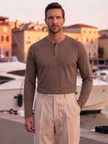 Officeau Men's Casual Solid Color Henley Neck Long Sleeve Undershirt, Comfortable & Soft, Versatile For All Seasons,Fall - Brown - View 8