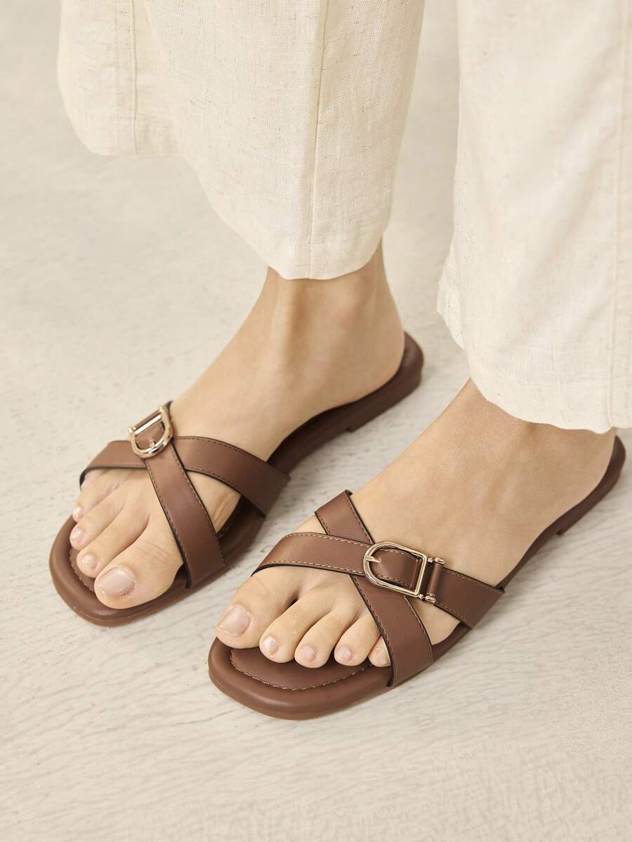 MOTF WOMEN'S DARK BROWN BUCKLE DECOR CRISS-CROSS FLAT SLIDE SANDALS - CASUAL/BEACH COMFORTABLE SUMMER SLIPPERS SPRING SHOES SUMMER SHOES - Brown - View 2