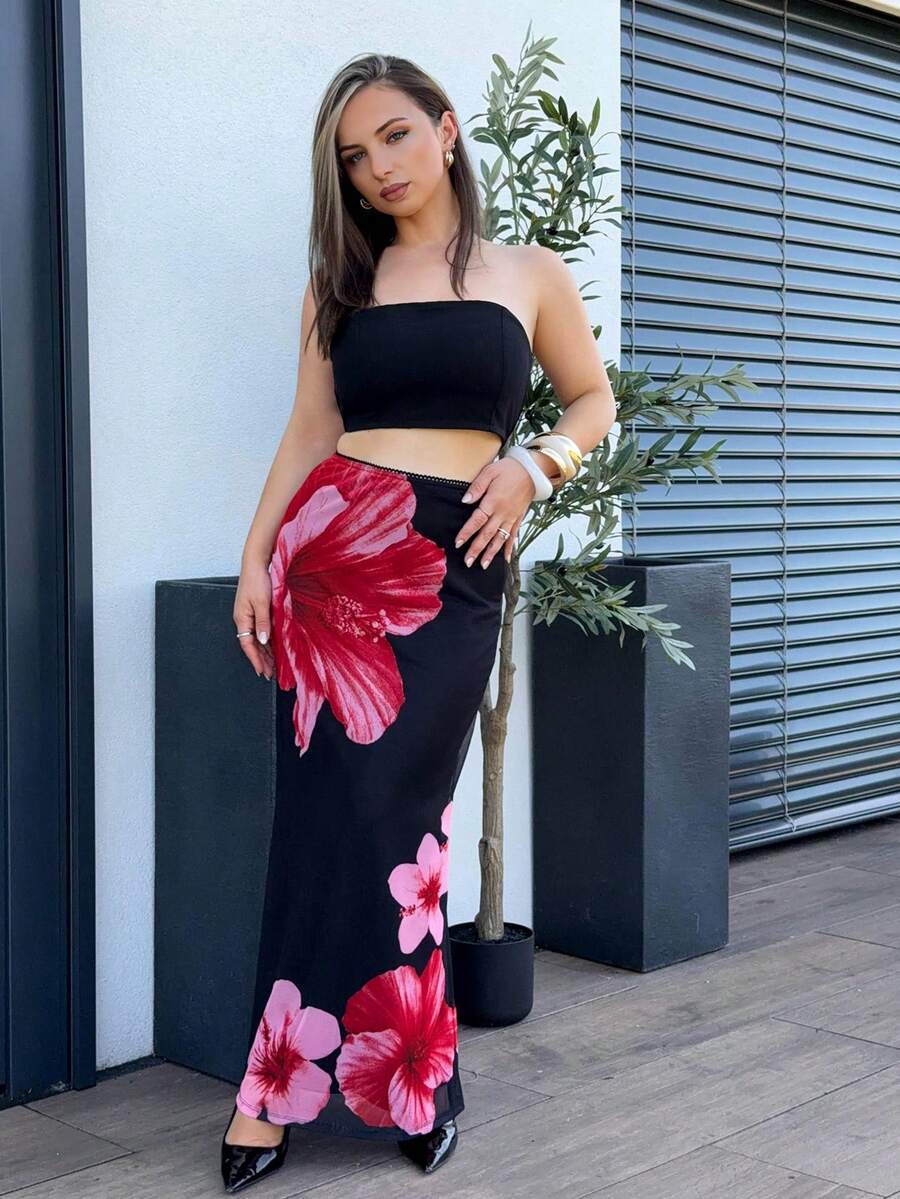 Jeta Ari Damen Röcke Mesh Muster Maxirock Schwarzer Rock Eleganter Damen Urlaubs Blume Muster Meerjungfrau Saum Eleganter Rock Sommer für Damen Sommer Sommerbekleidung Land Konzert Festival für Damen Strand für Frauen Y2k Maxirock - Rot - Übersicht 1