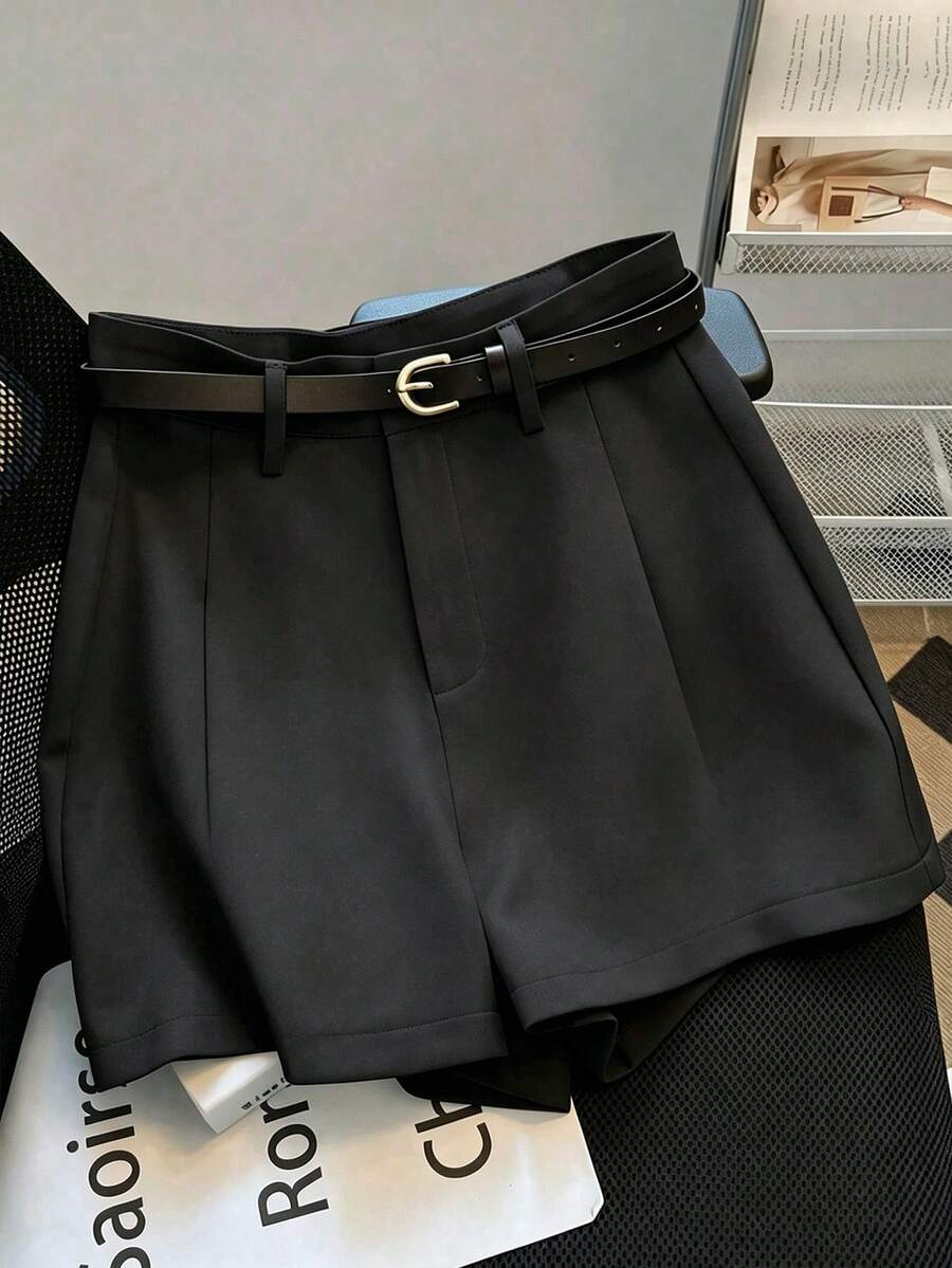 SHEIN PETITE Women's Summer Solid Color Zipper Placket Pleated Casual Commuter Shorts - Black - View 1