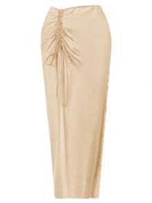 Swim SXY Women's Sexy Beach Vacation Style Drawstring Ruched Knot High Slit Hem Cover-Up Skirt - Apricot - View 5