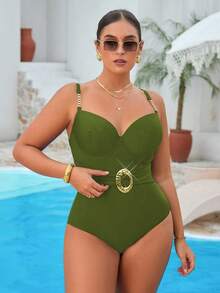 Swim Vcay 大尺碼女款素色一件式鋼圈休閒泳衣 - 墨綠色 - 查看 3