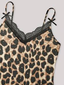 Hourtrue Leopard Print Lace Trim Split Hem Cami Pajama Nightdressfor Summer - Khaki - View 6