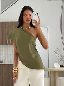 Aloruh Army Green Woven One-Shoulder Women's Shirt - Army Green - View 7